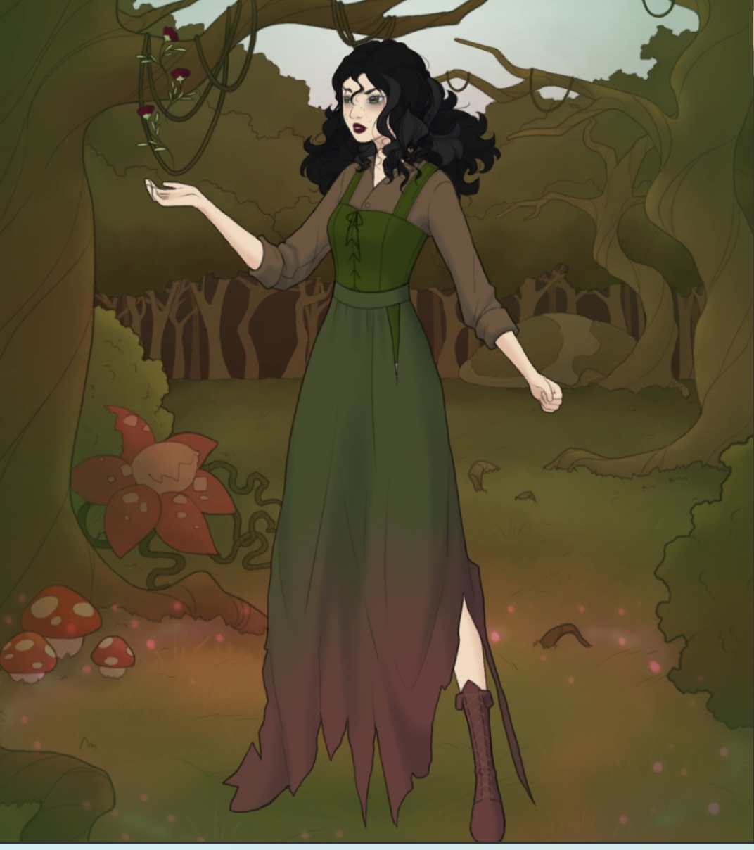 A woman with black hair and a green dress stands in a swamp