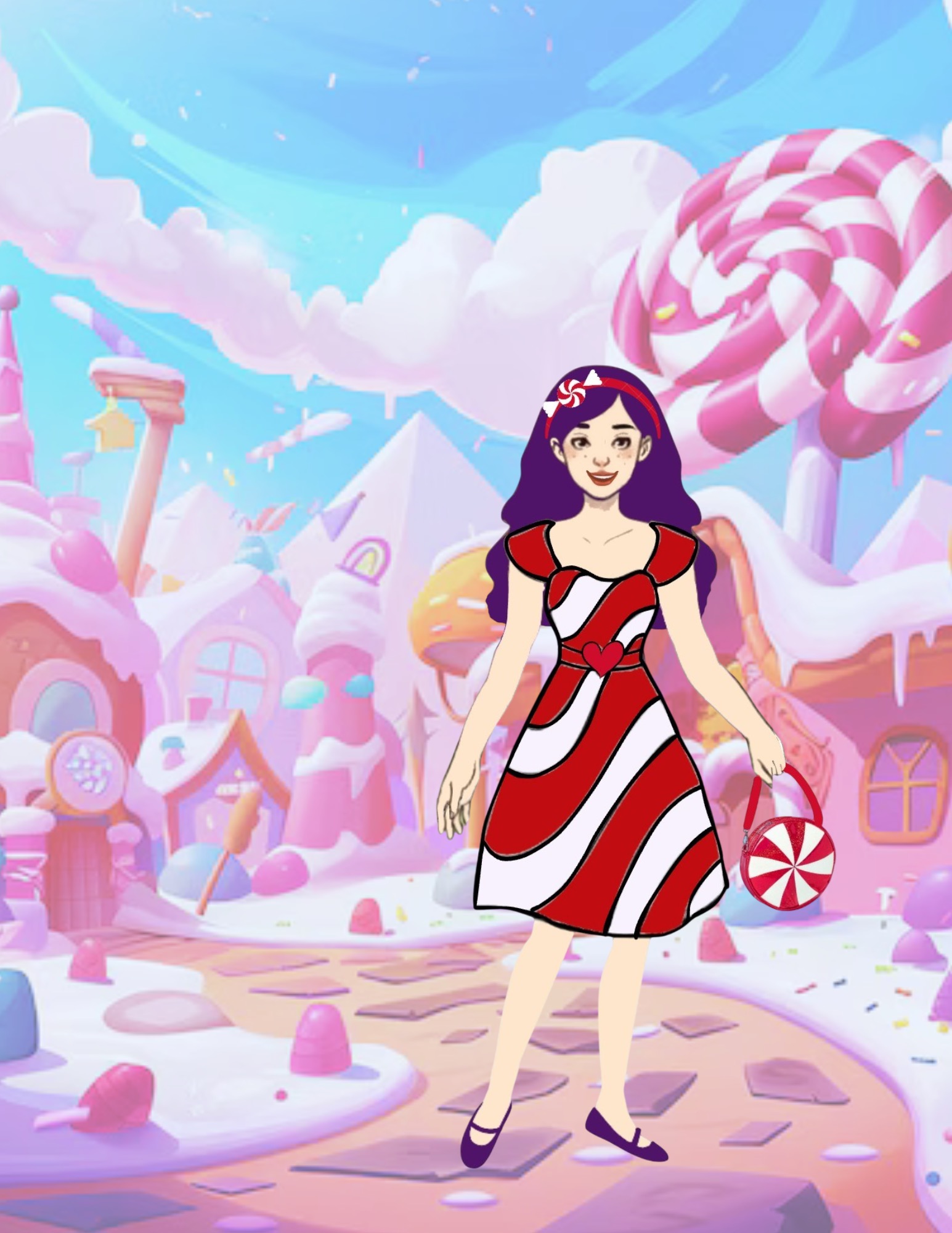 A woman wearing a candy cane patterned dress and a peppermint headband
